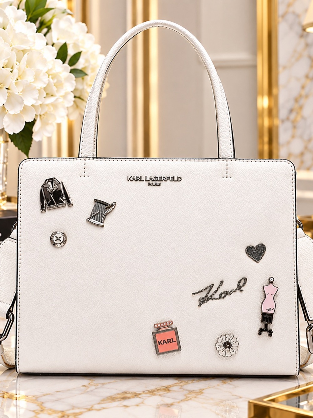 Karl Lagerfeld Paris White Satchel — Designer Handbag